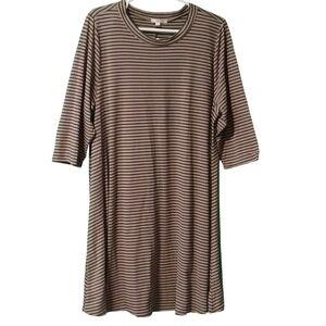 Free 2 Luv Striped Shift Dress Tan Black 3/4 Sleeve Crew Neck Plus Size 1X